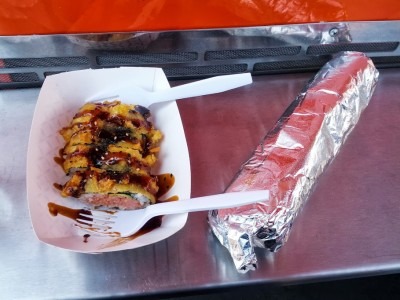 Three Chiles Burrito & Fried Spicy Tuna roll
