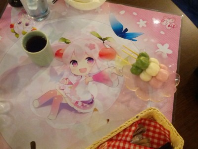 Cherry-flavored dango with special cherry flavored tea (Good Smile Cafe, Sakura Miku promo)